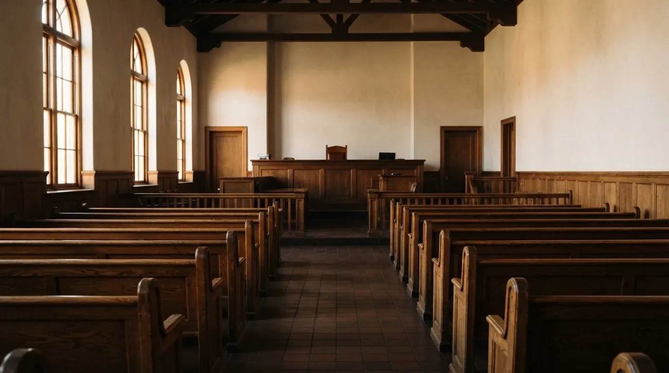 An empty courtroom with wooden benches in morning light
