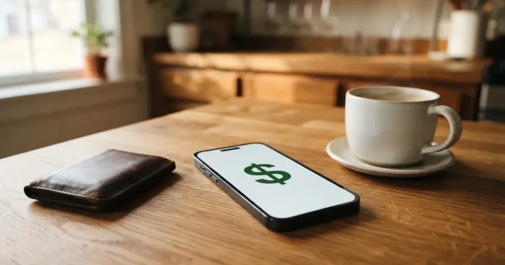 A smartphone on a wooden table beside a wallet and a coffee cup