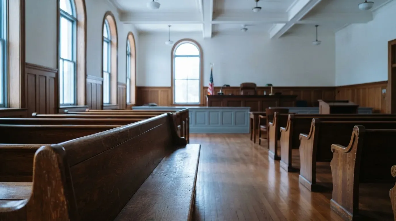 An empty courtroom with wooden benches in morning light