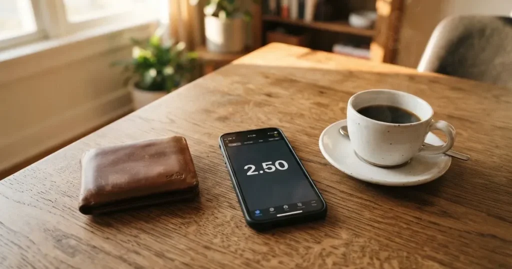 A smartphone on a wooden table beside a wallet and a coffee cup