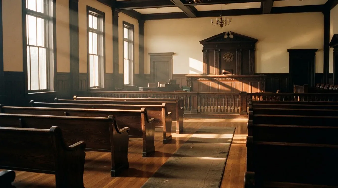 An empty courtroom with wooden benches in morning light