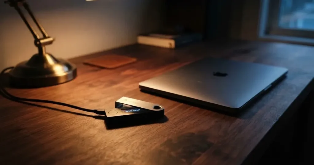 A hardware wallet and a closed laptop on a desk in dim light