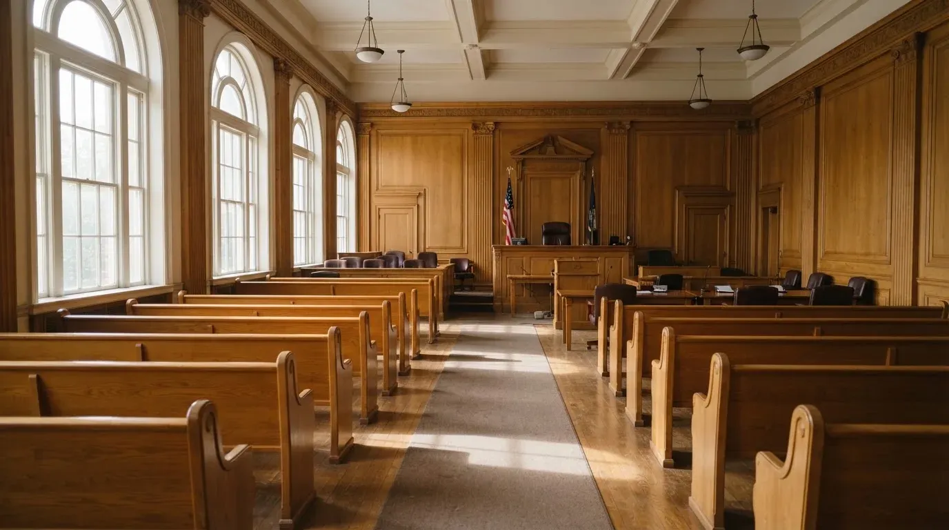 An empty courtroom with wooden benches in morning light