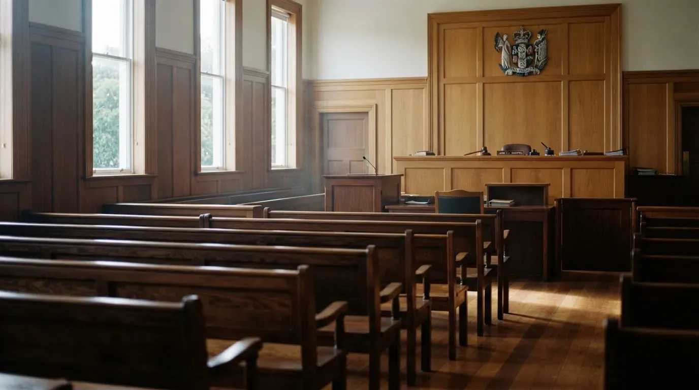 An empty courtroom with wooden benches in morning light