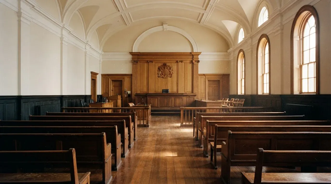 An empty courtroom with wooden benches in morning light
