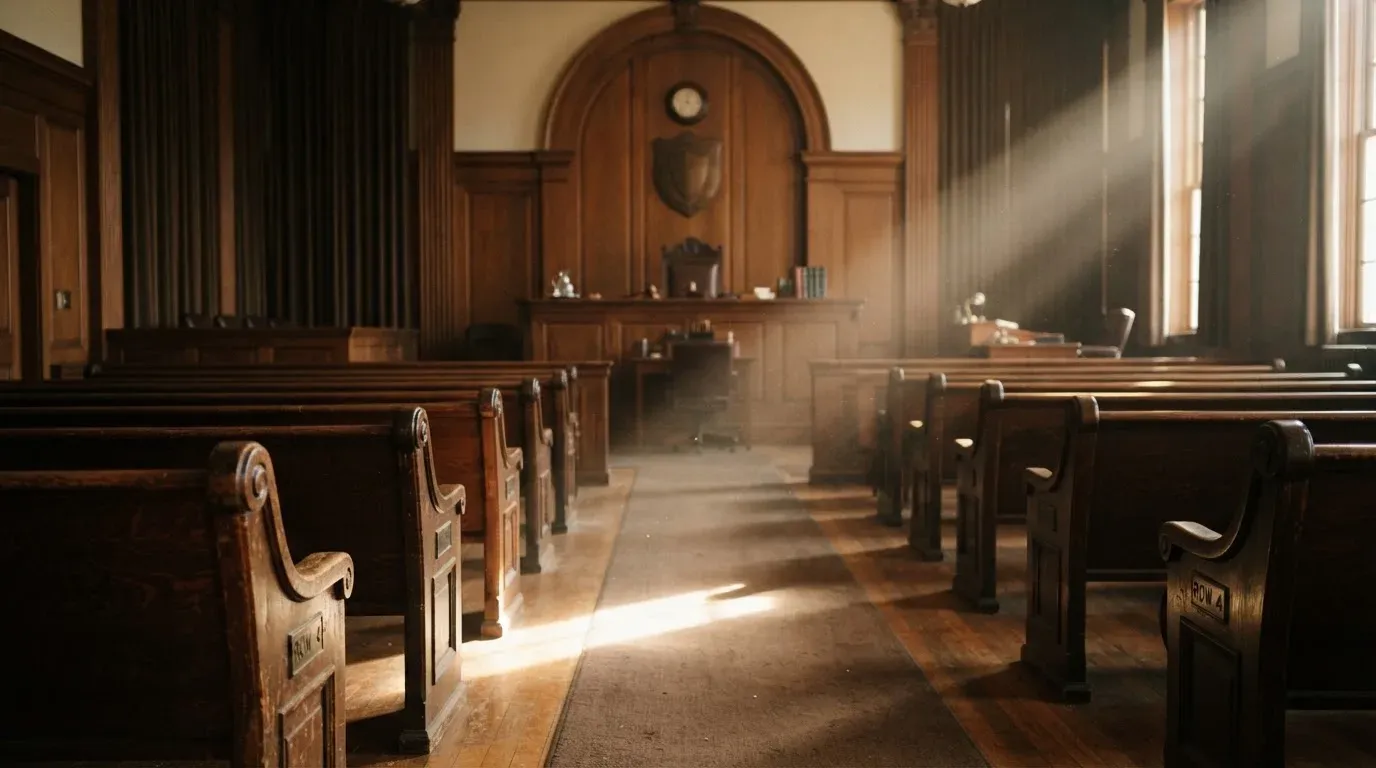 An empty courtroom with wooden benches in morning light