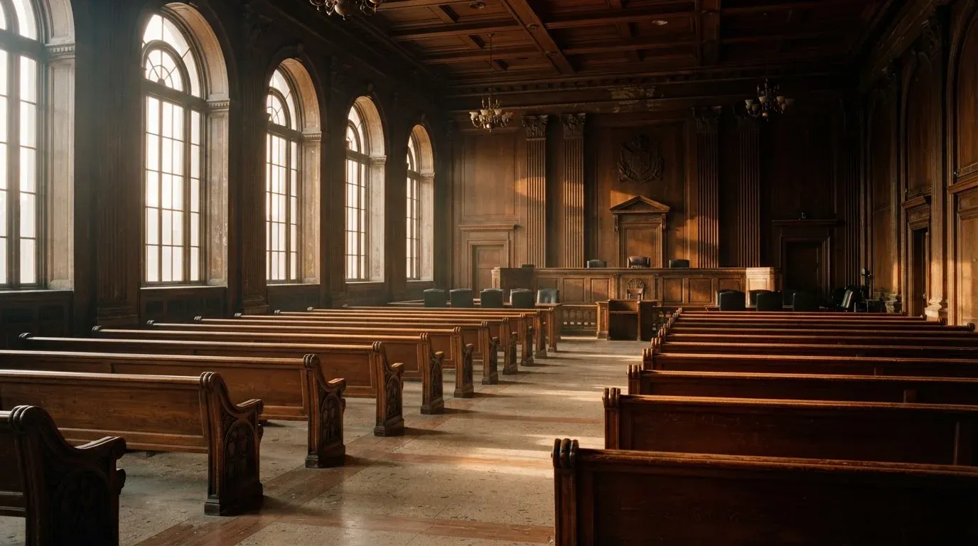 An empty courtroom with wooden benches in morning light