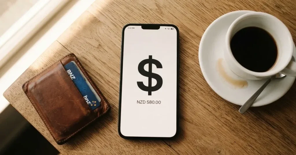 A smartphone on a wooden table beside a wallet and a coffee cup