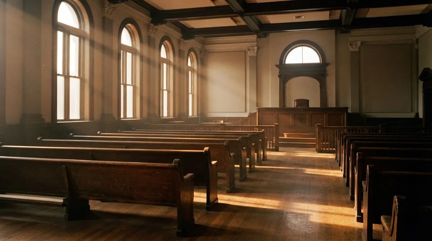 An empty courtroom with wooden benches in morning light