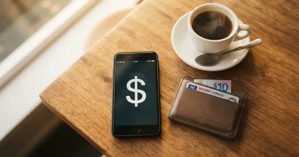 A smartphone on a wooden table beside a wallet and a coffee cup
