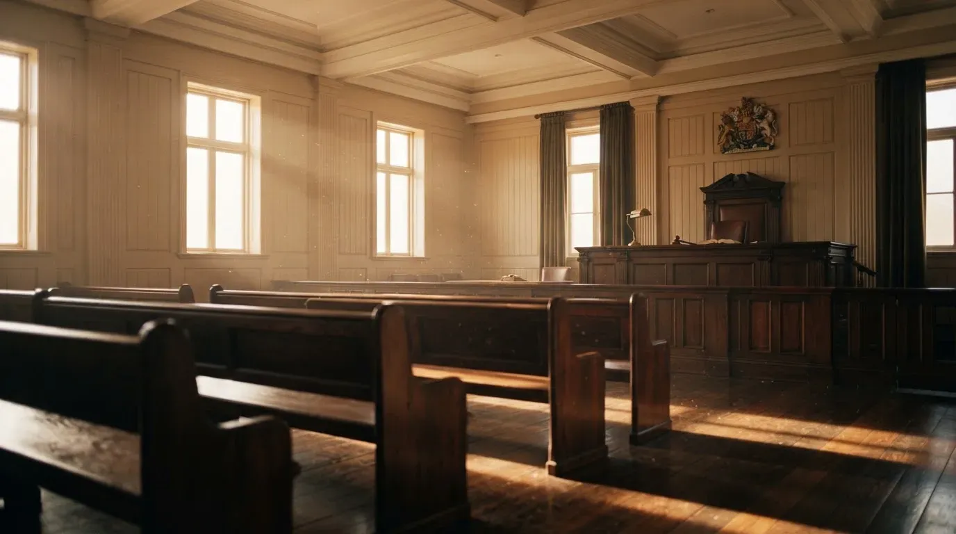 An empty courtroom with wooden benches in morning light