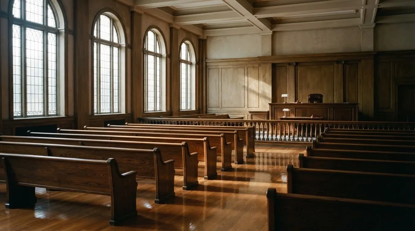 An empty courtroom with wooden benches in morning light