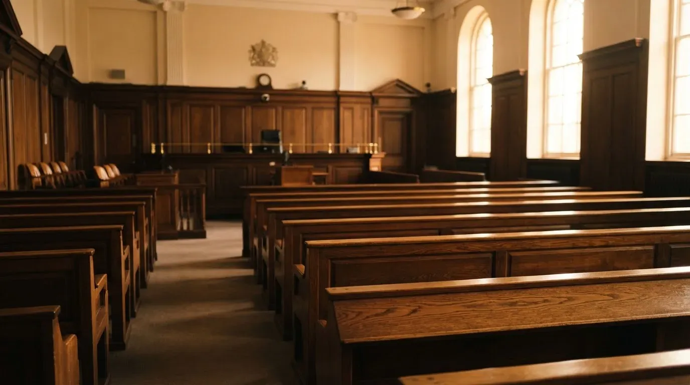 An empty courtroom with wooden benches in morning light