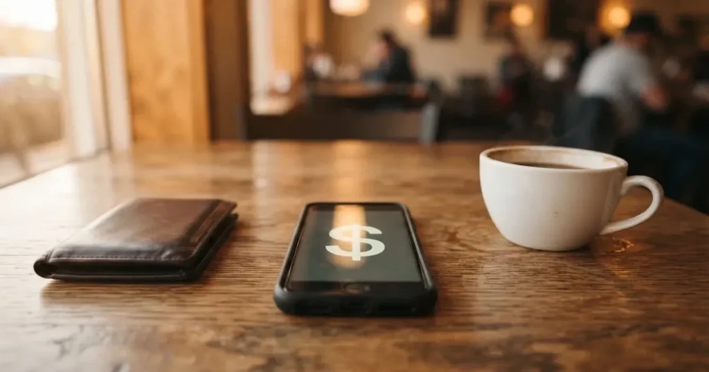 A smartphone on a wooden table beside a wallet and a coffee cup