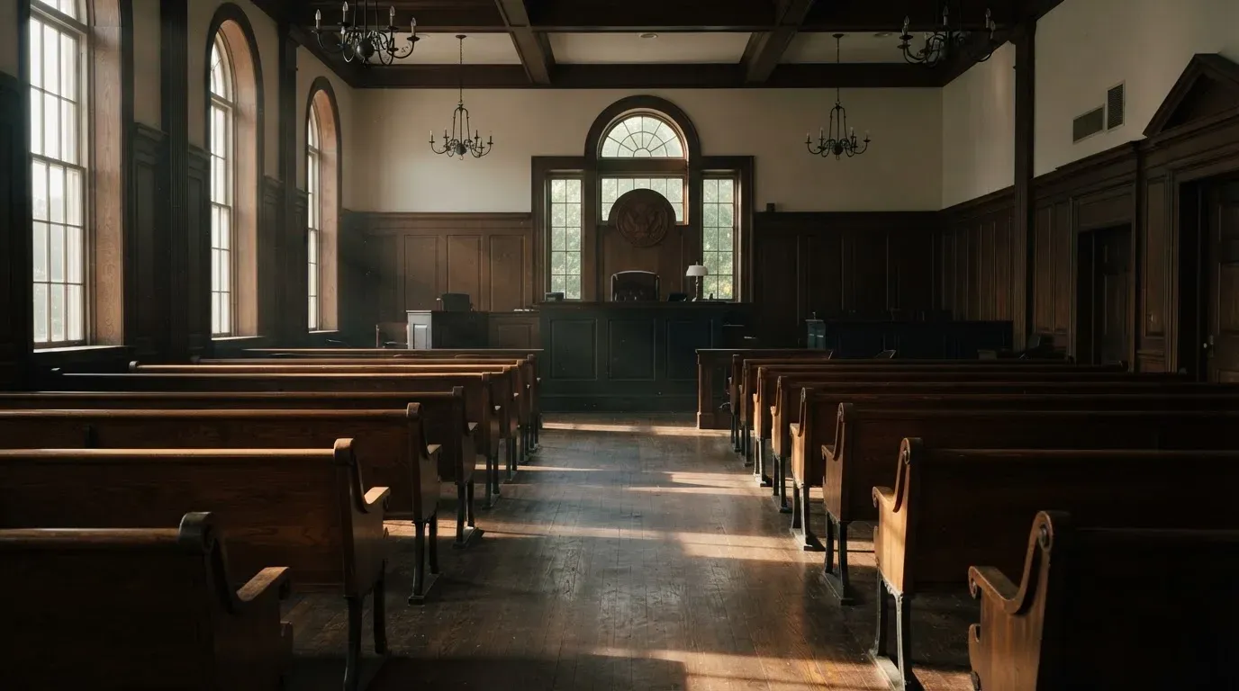 An empty courtroom with wooden benches in morning light