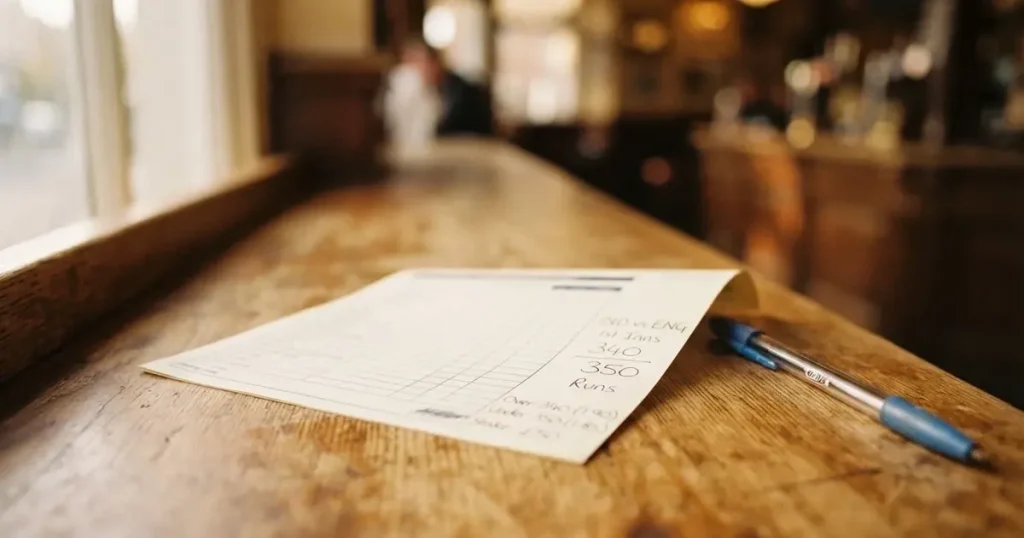 A blank paper betting slip beside a pen on a wooden counter