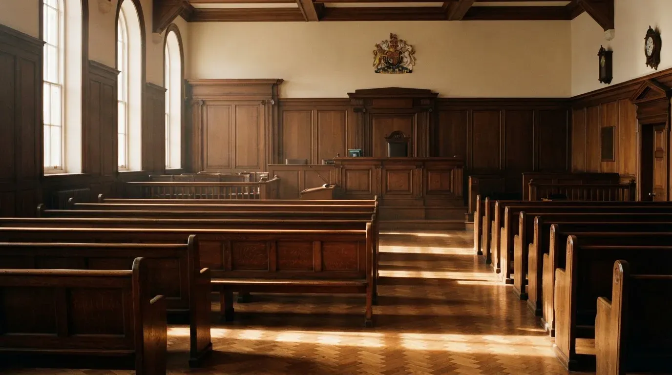 An empty courtroom with wooden benches in morning light