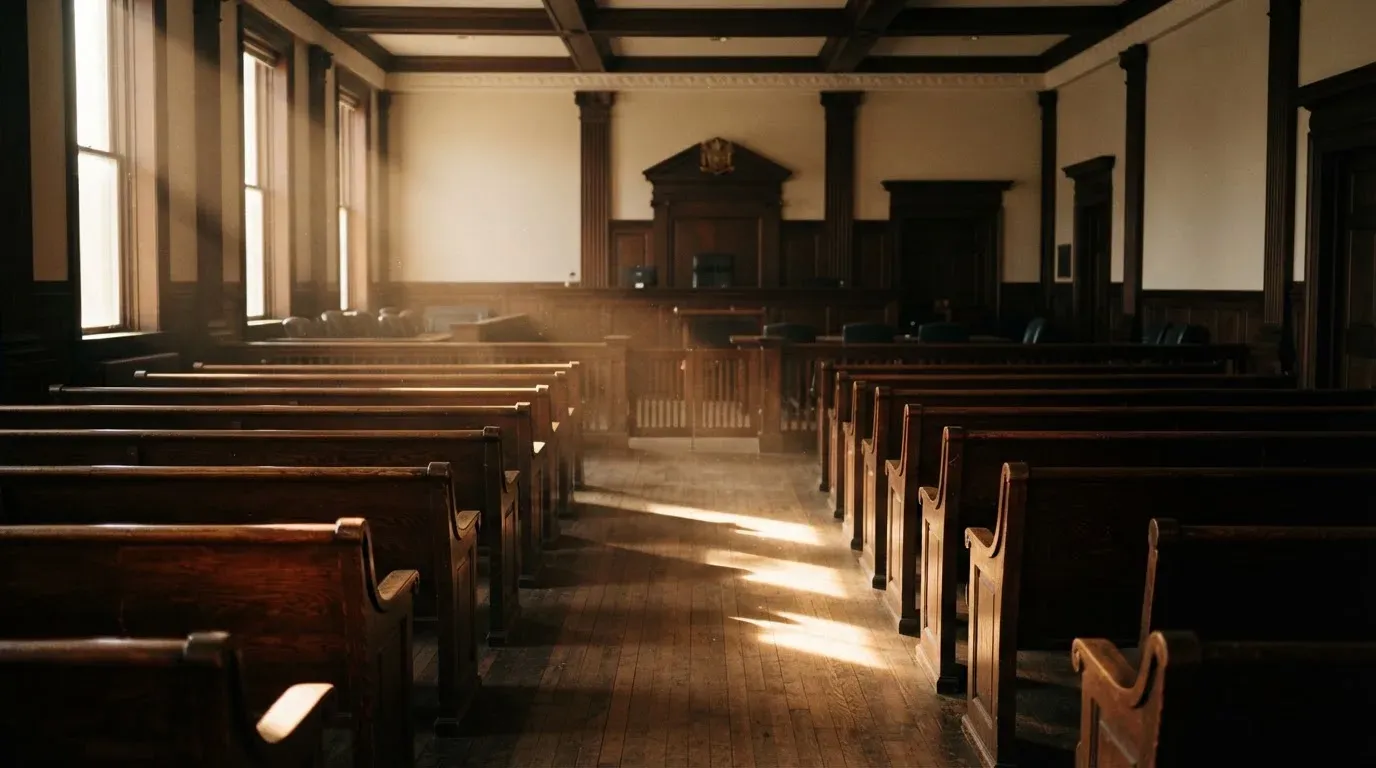 An empty courtroom with wooden benches in morning light