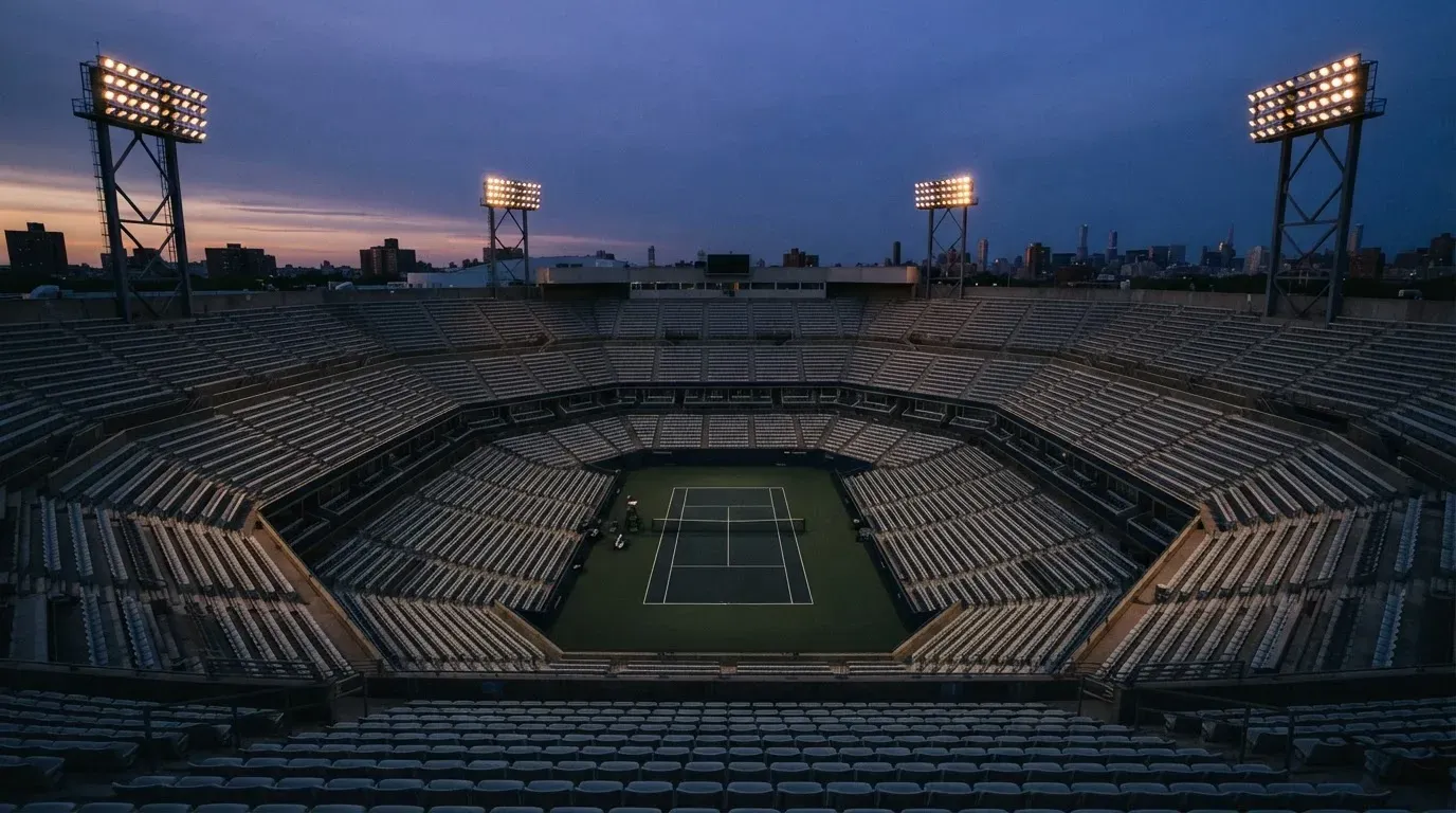 An empty football stadium with floodlight masts at dusk