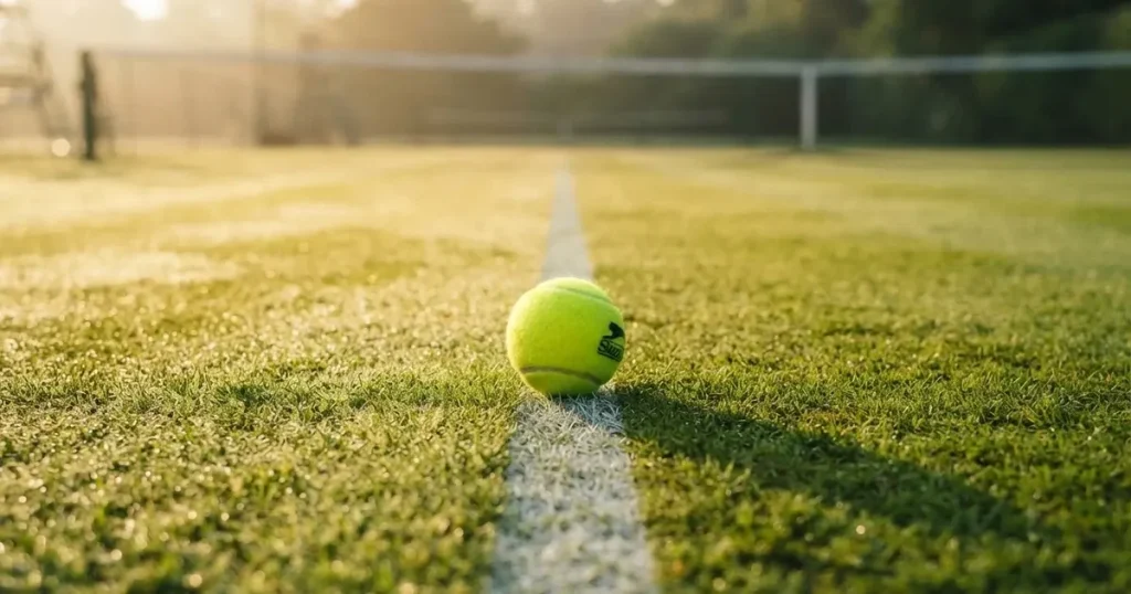 A ball on the centre spot of a grass pitch in morning light
