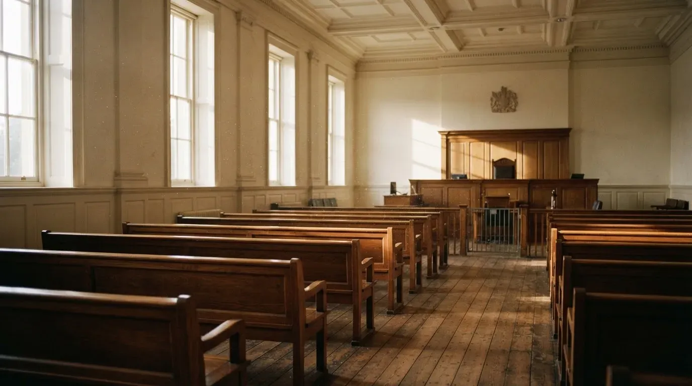 An empty courtroom with wooden benches in morning light