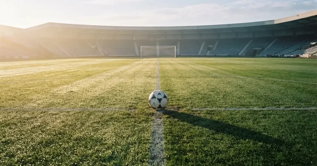 A ball on the centre spot of a grass pitch in morning light