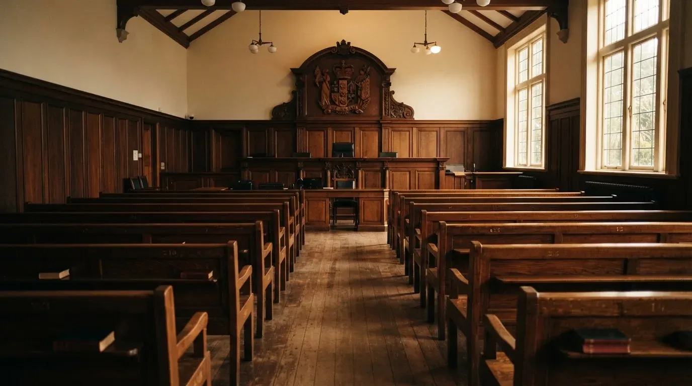 An empty courtroom with wooden benches in morning light