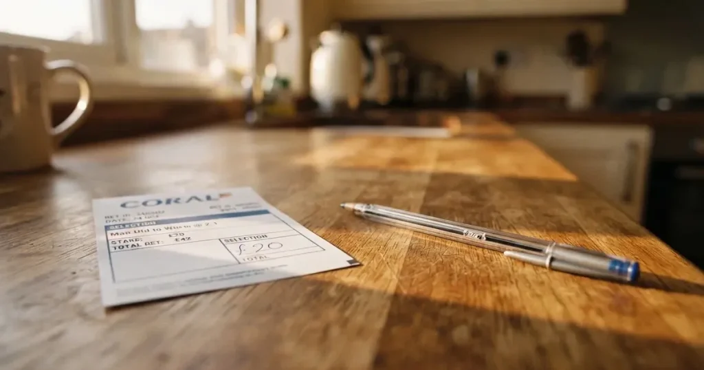 A blank paper betting slip beside a pen on a wooden counter