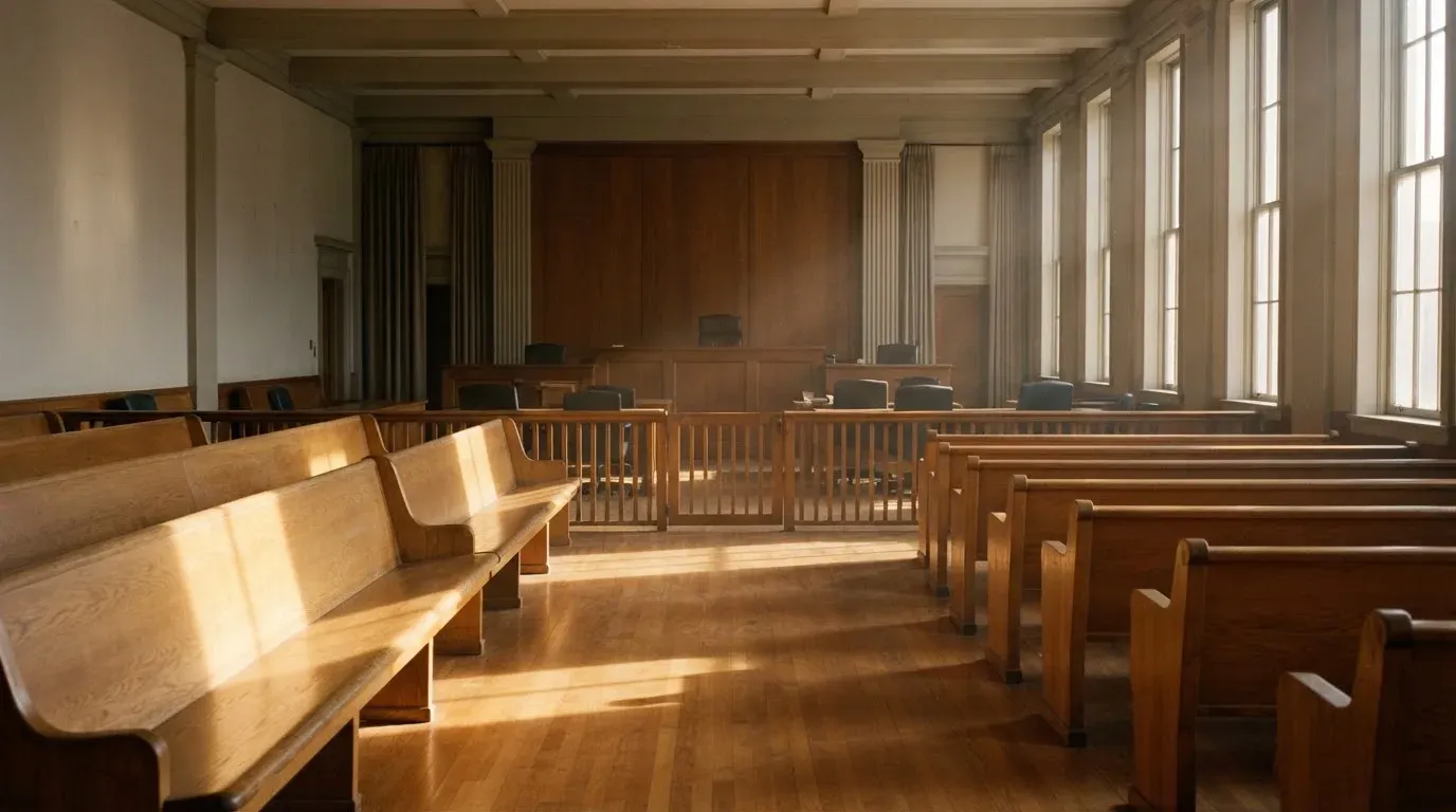 An empty courtroom with wooden benches in morning light