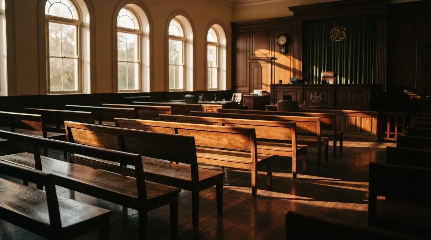 An empty courtroom with wooden benches in morning light