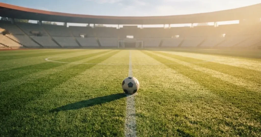 A ball on the centre spot of a grass pitch in morning light