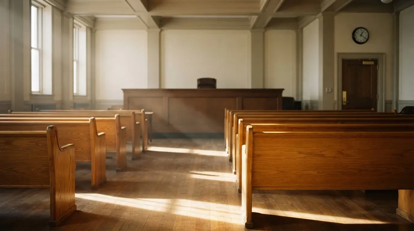 An empty courtroom with wooden benches in morning light